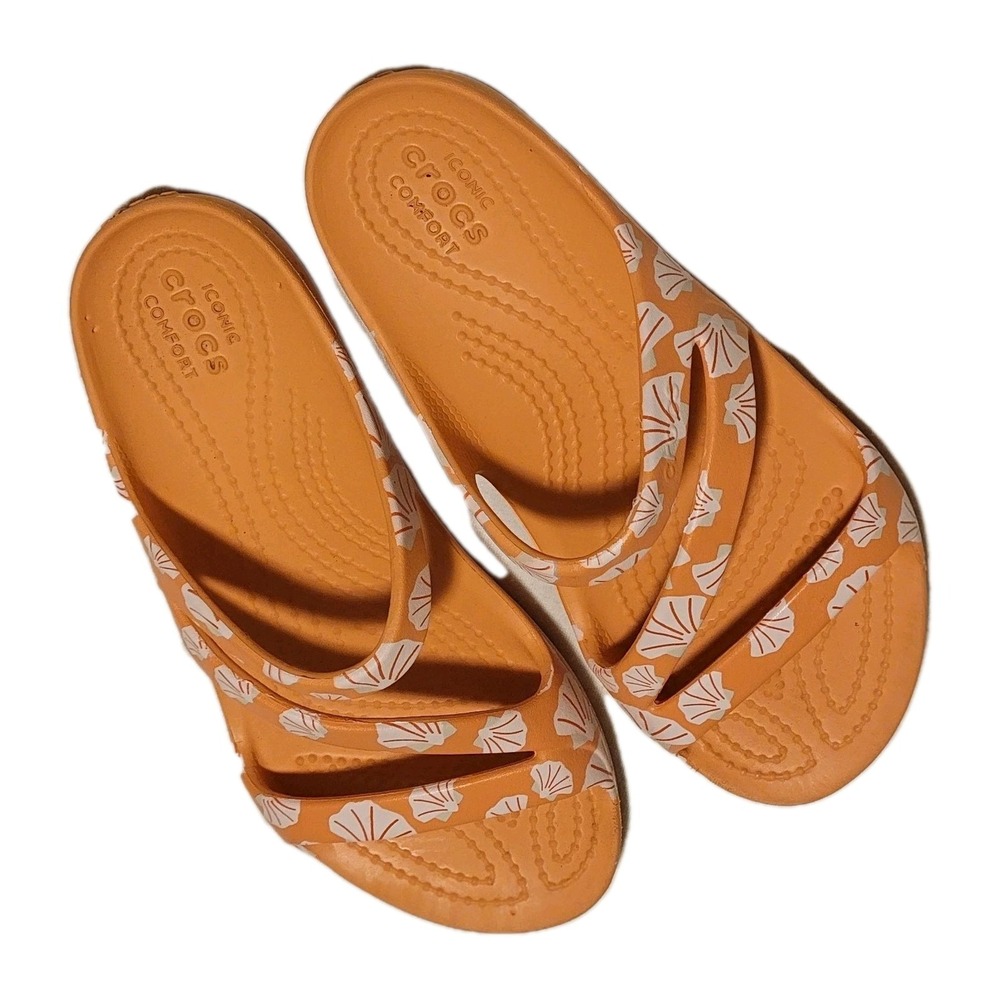 Crocs Seashell Pattern Sandals Womens 4 Kadee II Orange Slide 206894 Beach Shell